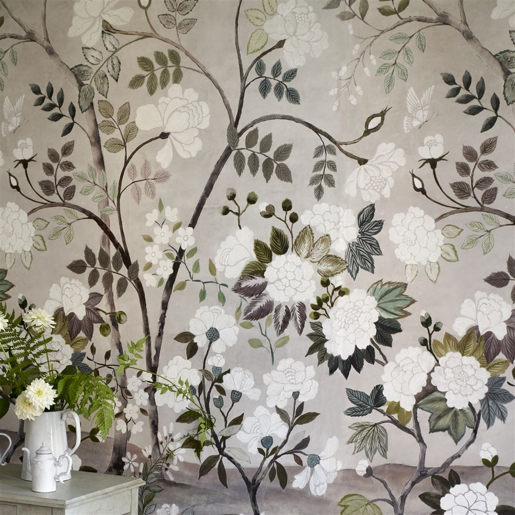 Pale Birch Oriental Flower Wallpaper