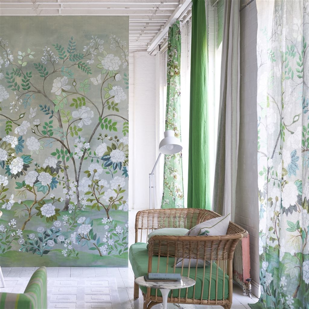 Celadon Oriental Flower Wallpaper