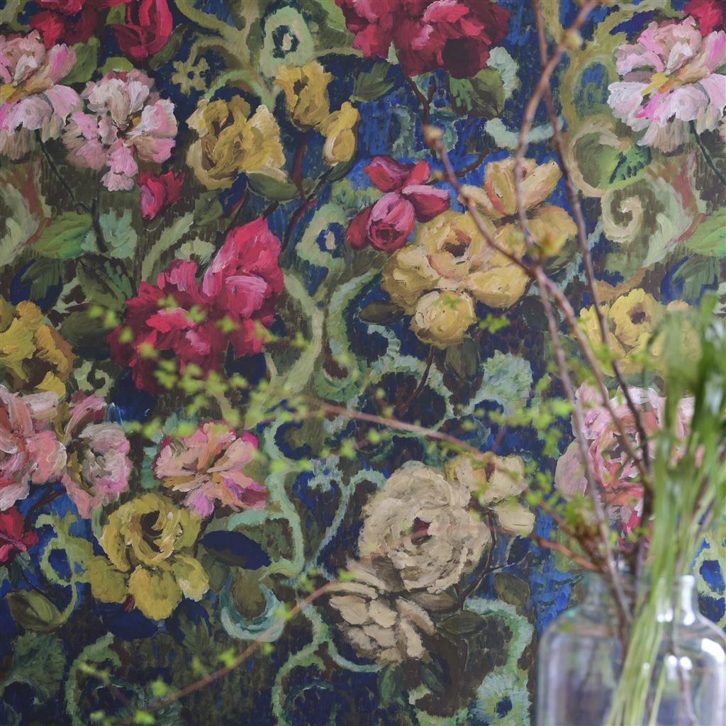 Tapisserie-Blumen-Vintage-Grün-Tapete