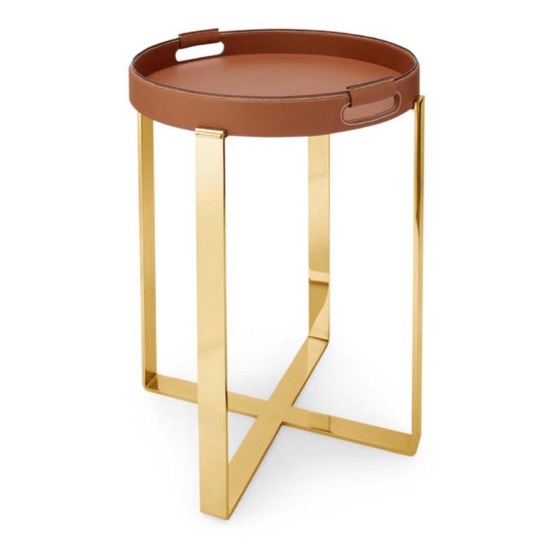 Wyatt Small Table Leather and Brass Brown/Gold